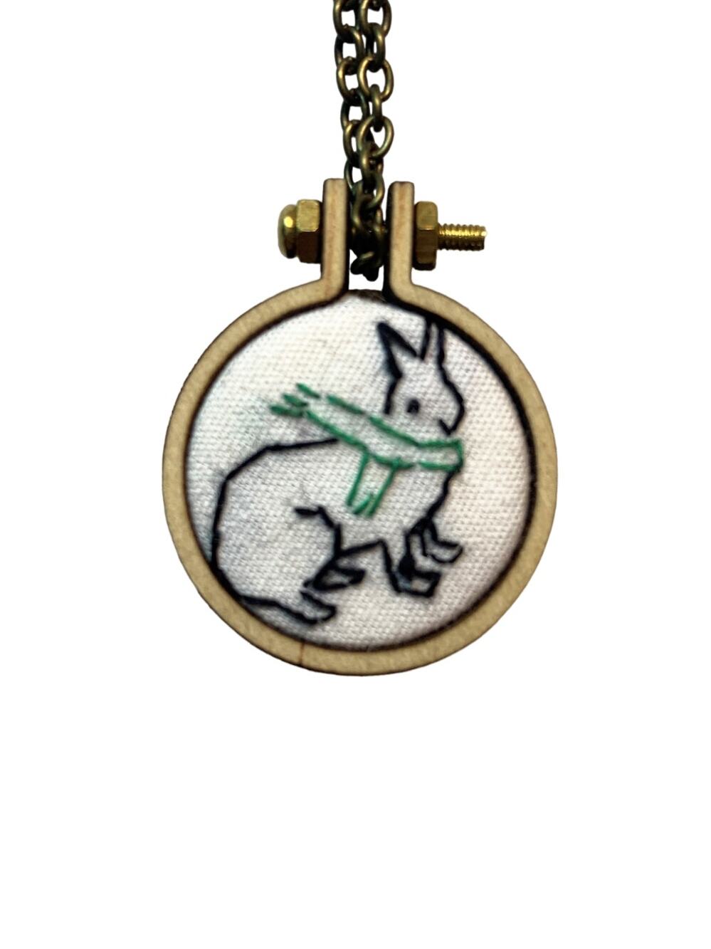 Handmade Rabbit Embroidery Necklace in Tiny Mini Embroidery Hoop